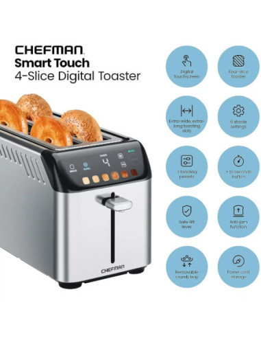 TOSTADORA CHEFMAN 4 REBANADAS 850W DIGITAL 6 SOMBRAS 3 FUNCIONES ACERO INOX