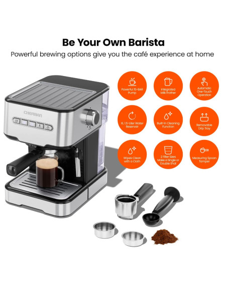 CAFETERA EXPRESO-CAPUCHINO-LATE CHEFMAN 4 EN 1-PANEL BOTONES- CON 15 BARES 1.5LTS ACERO INOX.