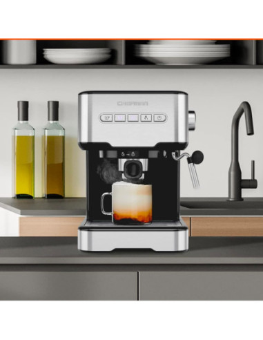 CAFETERA EXPRESO-CAPUCHINO-LATE CHEFMAN 4 EN 1-PANEL BOTONES- CON 15 BARES 1.5LTS ACERO INOX.