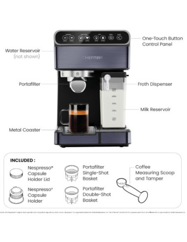 CAFETERA EXPRESO-CAPUCHINO-LATE CHEFMAN PRO PLUS 6 EN 1-TOUCH-CAPSULA- CON 20 BARES 1.8LTS NEGRO