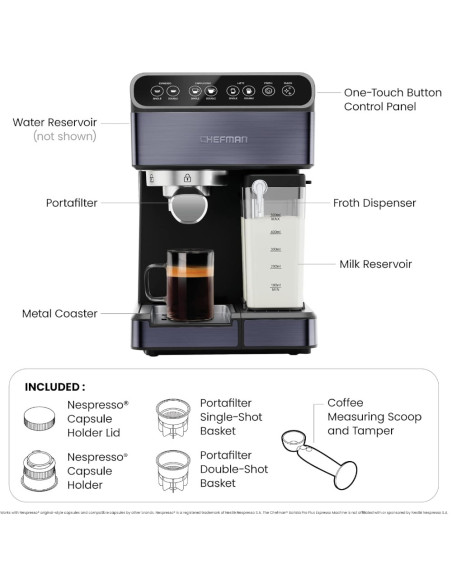 CAFETERA EXPRESO-CAPUCHINO-LATE CHEFMAN PRO PLUS 6 EN 1-TOUCH-CAPSULA- CON 20 BARES 1.8LTS NEGRO
