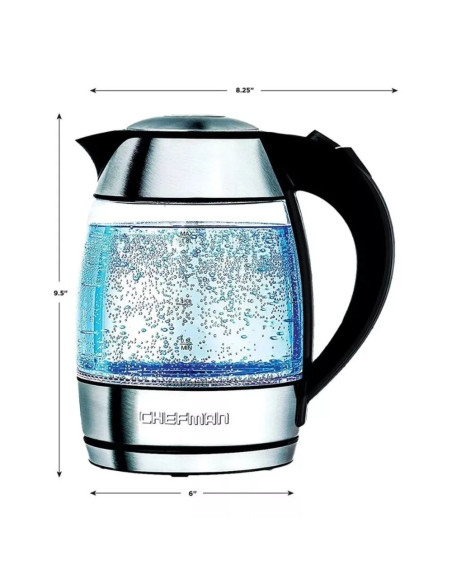 TETERA ELECTRICA CHEFMAN INALAMBRICA 1.8LTS-LUCES LED-BOTON- INFUSOR JARRA DE CRISTAL ACERO INOX.