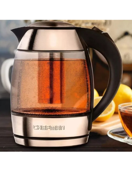 TETERA ELECTRICA CHEFMAN INALAMBRICA 1.8LTS-LUCES LED-BOTON- INFUSOR JARRA DE CRISTAL ACERO INOX.