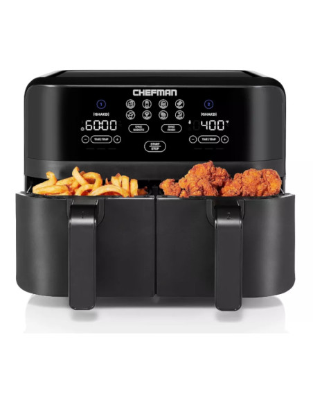 FREIDORA DE AIRE CHEFMAN DUAL  2 CESTAS 2 85LTS CADA UNO 1700W  PANEL DIG  APAGADO AUT   NEGRO