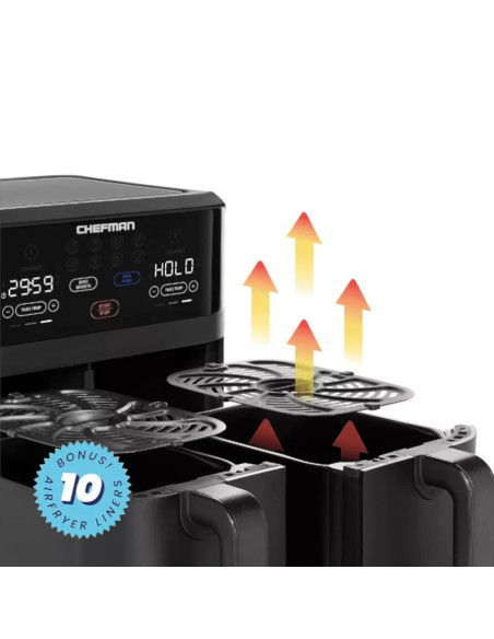 FREIDORA DE AIRE CHEFMAN DUAL  2 CESTAS 2 85LTS CADA UNO 1700W  PANEL DIG  APAGADO AUT   NEGRO