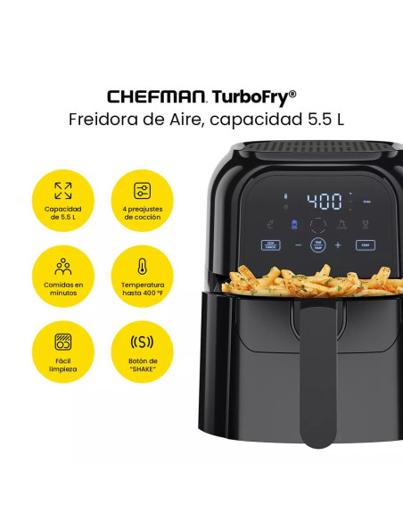 FREIDORA DE AIRE TURBOFRY CHEFMAN 5.5LTS 1500W PANTALLA TOUCH-INDICADOR SHAKE- COLOR NEGRO