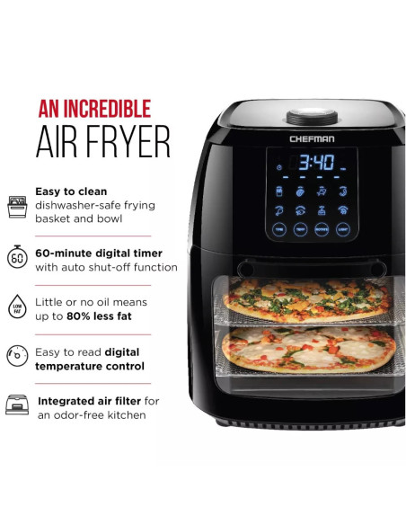 FREIDORA DE AIRE CHEFMAN 5 9LTS PANTALLA TOUCH 1700W VISUALIZACION 8 AJUSTES NEGRO