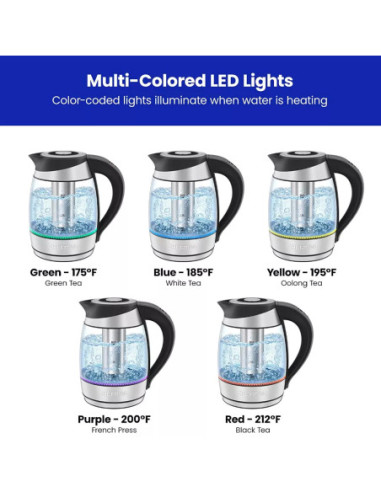 TETERA ELECTRICA CHEFMAN INALAMBRICA 1 8LTS 5 LUCES LED CTRL DIGITAL INFUSOR JARRA DE CRISTAL ACERO INOX