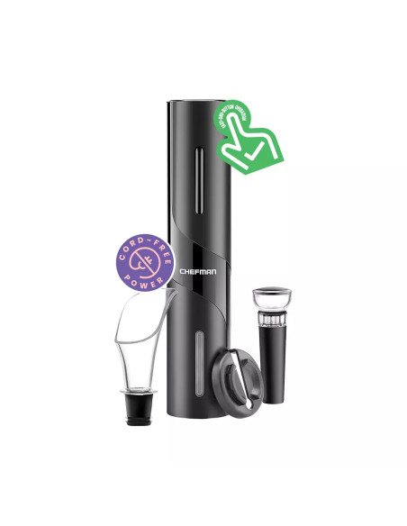 SACACORCHOS CHEFMAN PARA VINOS A PILAS 4PCS LUZ LED ACERO INOX  NEGRO