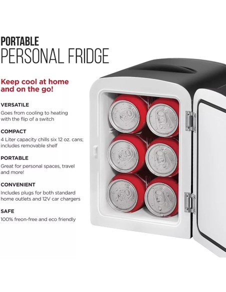 MINI REFRI CHEFMAN PORTATIL 4LTS PUERTA AJUSTE FRIO CALIENTE 0 65 GRD CENTIGRADOS NEGRO