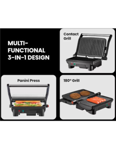 SANDWICHERA CHEFMAN PANINI 3 EN 1 2 REBANADAS ANTIADHERENTE 1000W ACERO INOX