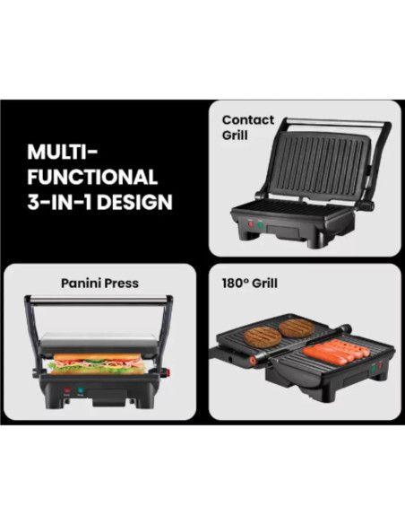 SANDWICHERA CHEFMAN PANINI 3 EN 1 2 REBANADAS ANTIADHERENTE 1000W ACERO INOX