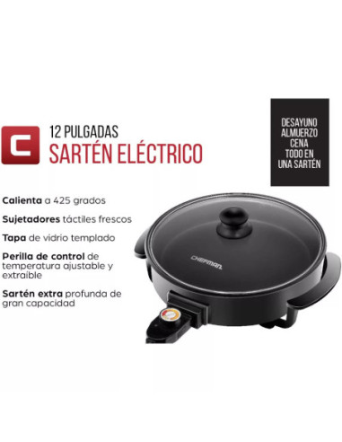 SARTEN ELECTRICO CHEFMAN 12PULG  REDONDO 3 EN 1 CTRL TEMPERATURA ANTIADHERENTE NEGRO