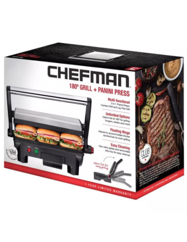 SANDWICHERA CHEFMAN PANINI 3 EN 1 4 REBANADAS ANTIADHERENTE 1000W ACERO INOX
