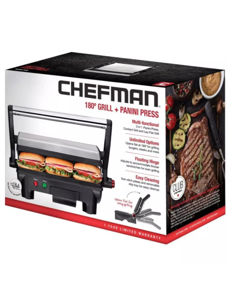 SANDWICHERA CHEFMAN PANINI 3 EN 1 4 REBANADAS ANTIADHERENTE 1000W ACERO INOX