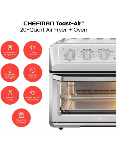 HORNO TOSTADOR AIRFRYER CHEFMAN 20LTS 7 EN 1 PERILLAS APAGADO AUT  ACERO INOX