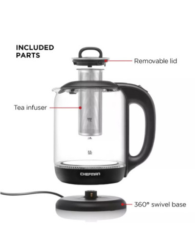 TETERA ELECTRICA CHEFMAN INALAMBRICA 1 7LTS LUZ LED CTRL DIGITAL INFUSOR JARRA DE CRISTAL NEGRO