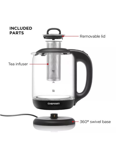 TETERA ELECTRICA CHEFMAN INALAMBRICA 1 7LTS LUZ LED CTRL DIGITAL INFUSOR JARRA DE CRISTAL NEGRO